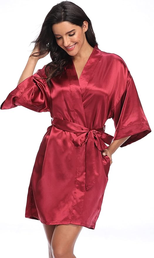 Women's Satin Kimono Robe Wedding Getting Ready Silky Bathrobe Short Bridesmaid Dressing Gown