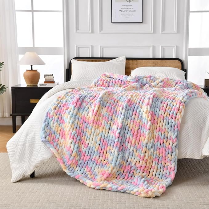 Ultra Soft Chunky Knit Throw Blanket 50x60 Hand Knitted Warm Chenille Throw Blanket, Home Decor Soft Thick Yarn Cable Knit Blanket Breathable Fleece Banket Christmas for Couch Bed Sofa Best GIF