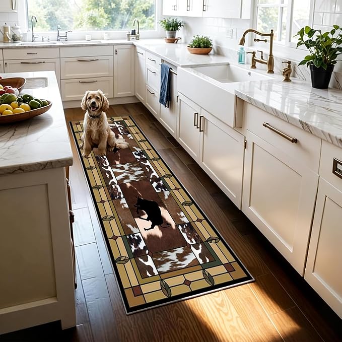 Cowprint Western Runner Rug,3.3x10ft,Bohemian Moroccan Geometric Runner Rug,Rustic Cabin Decor Southwest Rugs,Soft Non-Slip Long Hallway Rugs, for Bedroom Kitchen Laundry Entryway Floor Mat