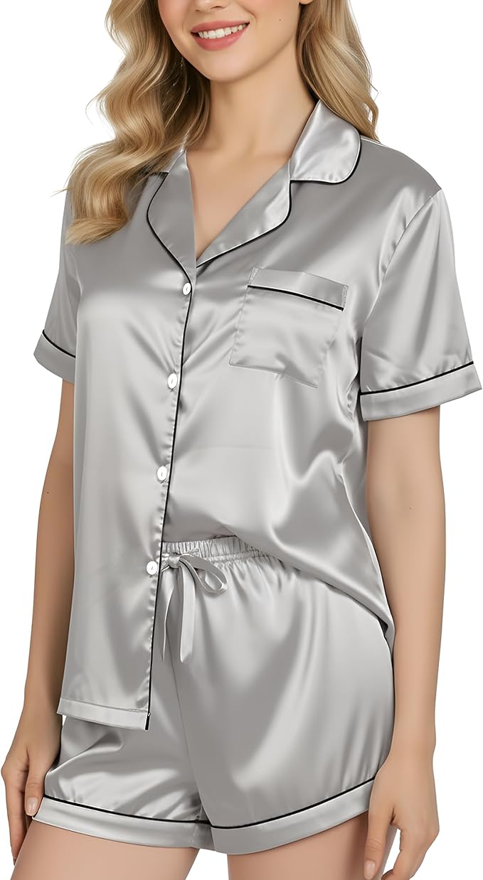 NY Threads Women's Silk Satin Pajamas Set Button Down Top and Shorts 2 Piece Sleepwear Loungewear Pjs Set