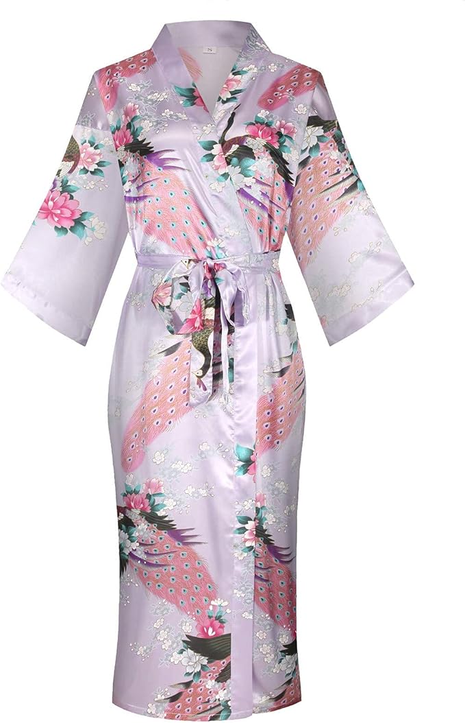Valennia Women Long Silky Bathrobe Satin Kimono Robe Floral Printed Dressing Gown Sleepwear