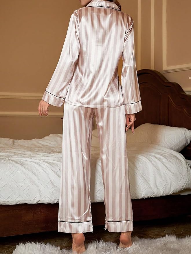 WDIRARA Women's 2 Piece Bowknot Print Satin Pajama Set Long Sleeve Button Down Lounge Pants Sleepwear Sets