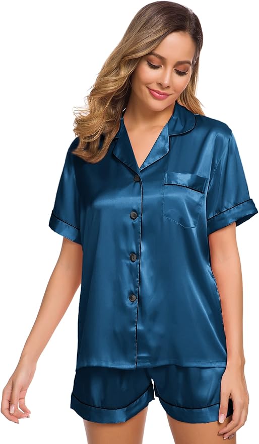 SWOMOG Womens Silk Satin Pajamas Set Short Sleeve Sleepwear Button Down Top and Shorts Loungewear 2 Piece Pjs Set XS-3XL