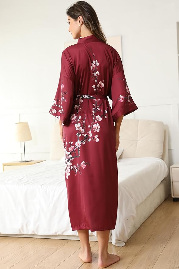 Kihnop Women's Floral Long Kimono Robe Long Satin Robe Long Silk Robe Ladies Kimonos Silky Bathrobe Cover Up, One Size
