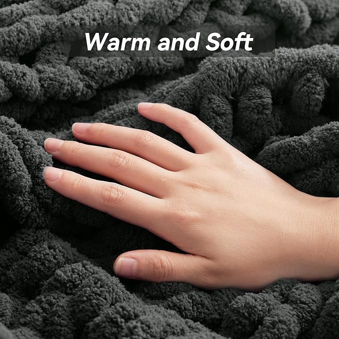 Negwoo Chunky Knit Throw Blanket, 40''*50'' Knitted Throw Chenille Yarn for Bed Couch, Handmade Dark Grey Crochet Big Thick Blanket, Machine Washable Cute Comfy Blanket for Home Decor