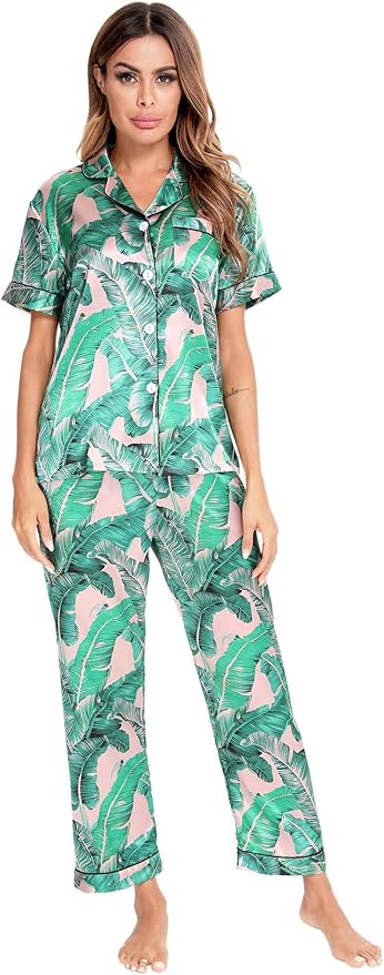 SWOMOG Women Satin Pajamas Set Short Sleeve Top & Pants Sleepwear Silky Button Down Nightwear 2pcs Loungewear Pjs Set