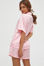 CHYRII Women's Silk Satin Pajamas Sets Tie Front Short Sleeve Tops and Shorts Two Piece Pj Sets Sleepwear