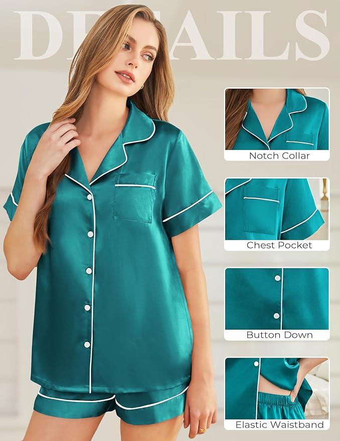 Silk Pajamas for Women Short Sleeve Sleepwear Soft Button Down Loungewear 2 Piece Satin Pjs Shorts Set S-XXL