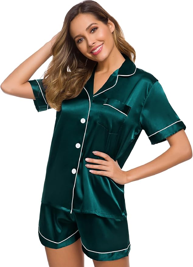 SWOMOG Womens Silk Satin Pajamas Set Short Sleeve Sleepwear Button Down Top and Shorts Loungewear 2 Piece Pjs Set XS-3XL