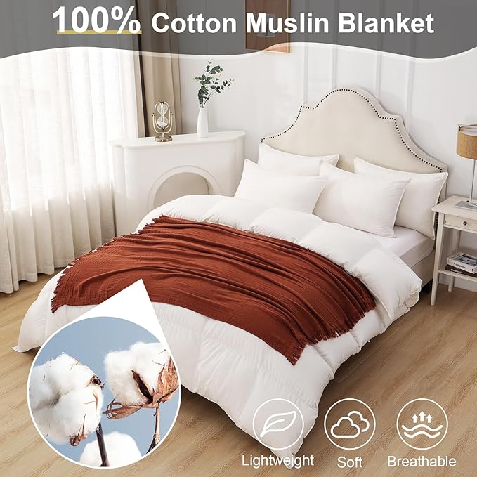 Cotton Muslin Throw Blanket with Tassels, Lightweight Woven Gauze, Pre-Washed Breathable Farmhouse Decor for Bed, Couch, All-Season Use (Rust, 50" x 60")