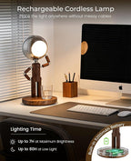 Cordless Table Lamp, Rechargeable Wooden Desk Lamp with Touch Control & Stepless Dimming, 3 Color Temperatures, Bedside Lamp for Bedroom Nightstand Office, Home Decor, Unique Gifts, Black Walnut