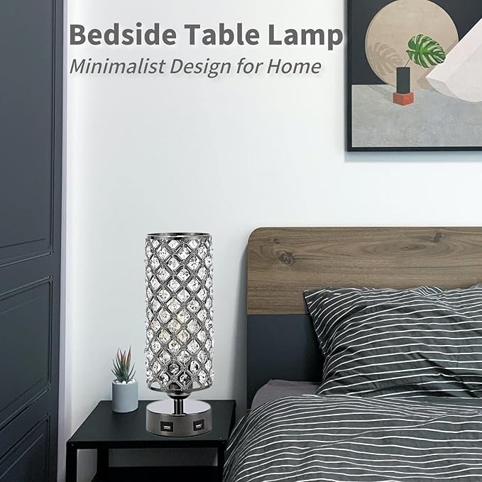 Crystal Table Lamps, Small Touch Desk Lamp Bedside Bedroom Lamp with 2 USB Charging Port Nightstand Night Light Room Decor for Kids Room, Home Office, Living Room,Bar, Restaurant (Black)