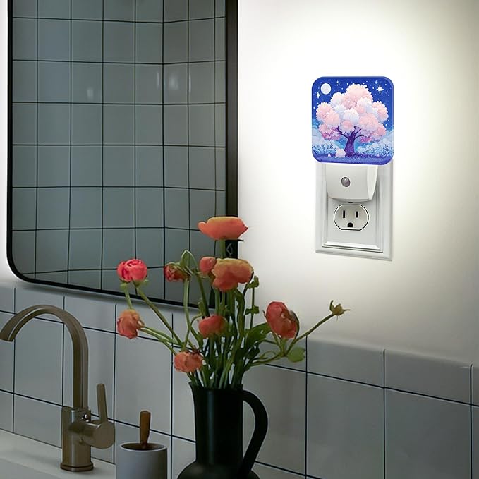Cherries Blossom Night Lights Plug Into Wall, Night Fanciful Moon Stars Spring Peach Smart Led Plug in Lights for Wall Socket for Bathroom Closet Laundry Room Decor 2pcs