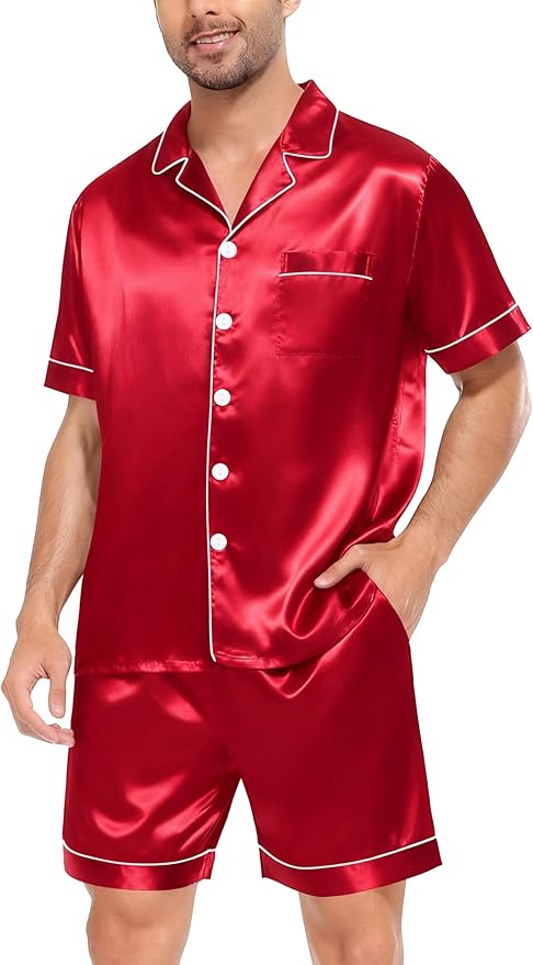 SWOMOG Satin Matching Pajamas Sets Couple Silk Button Down Nightwear Women & Men Short Sleeve Sleepwear 2 Pieces Loungewear