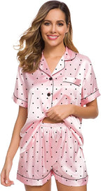 SWOMOG Womens Silk Satin Pajamas Set Short Sleeve Sleepwear Button Down Top and Shorts Loungewear 2 Piece Pjs Set XS-3XL