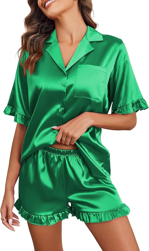 Ekouaer Satin Pajama Set for Women Button Down Silk 2 Piece Pj Sets Ruffle Short Sleeve Sleepwear