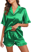 Ekouaer Satin Pajama Set for Women Button Down Silk 2 Piece Pj Sets Ruffle Short Sleeve Sleepwear