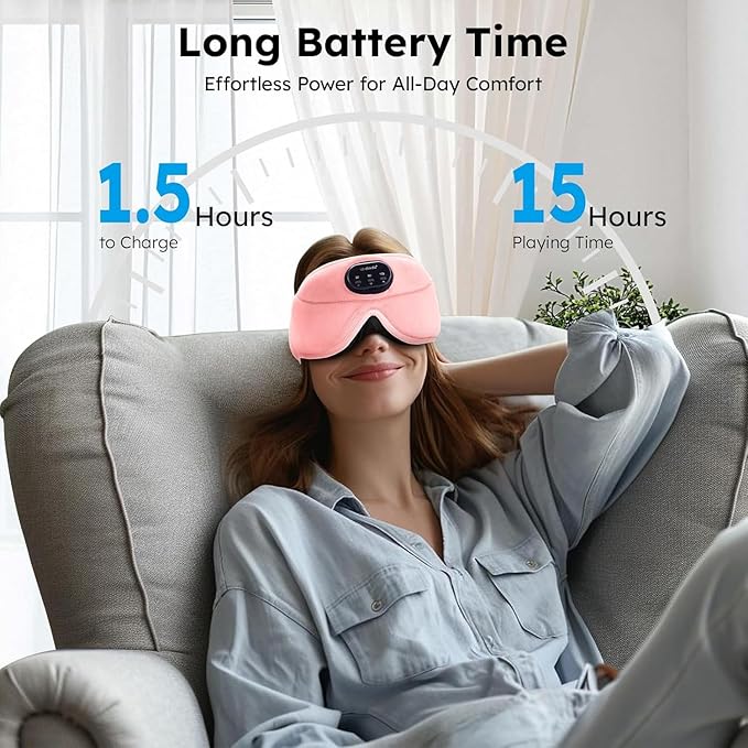 LC-dolida White Noise Sleep Mask, 3D Sleep Headphones with 16 Soothing Sounds, Bluetooth 5.4 Sleep Eye Mask with Timer, Total Blackout Sleeping Headphones for Side Sleeper (Black) (Pink)