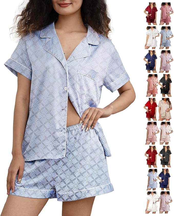 WJing Yi Jia Womens Silk Satin Pajamas Loungewear Two-Piece Sleepwear Button-Down Floral Pj Set XS-4XL