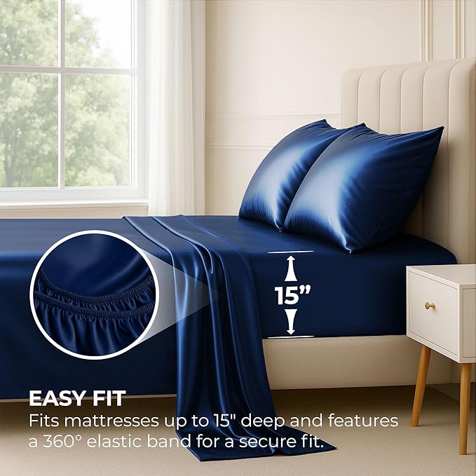 Pure Bedding Satin Sheets Full [4-Piece, Navy] Hotel Luxury Silky Bed Sheets - Extra Soft 1800 Microfiber Sheet Set, Wrinkle, Fade, Deep Pocket Fitted Sheet, Flat Sheet, Pillow Cases