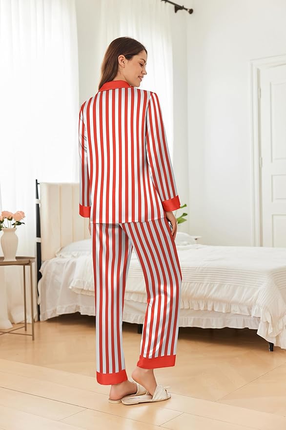 Ekouaer Silk Pajamas for Women Long Sleeve Satin Pajama Set Silky Pj Sets 2 Piece Button Down Loungewear Sleepwear