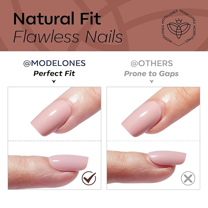 Modelones Brown Press on Nails, Short Square Fake Nails, Semi-Transparent Reusable Nail Kit with Nail Glue Adhesive Tabs Mini Nail File, Nails Press Ons 32Pcs16 Sizes, Women Girl Gift