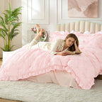 BEDELITE Baby Pink Twin Comforter Set - 2 Peices Boho Ruffle Pintuck Bedding Comforter Sets, Lightweight Soft & Warm Twin Bedding Sets with 1 Pillowcase for All Season