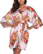 Women's Floral Satin Robes Bride Bridesmaid Getting Ready Robe Short Silky Kimono Sleepwear for Wedding Party