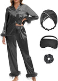 MORFORU Satin Pajama Set for Women Feather Trim Long Sleeve Pjs with Sleep Mask Headband Scrunchie Sleepwear Lounge Set