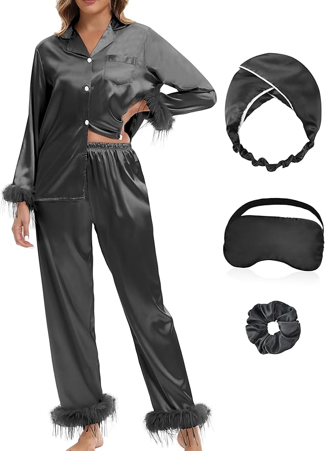 MORFORU Satin Pajama Set for Women Feather Trim Long Sleeve Pjs with Sleep Mask Headband Scrunchie Sleepwear Lounge Set