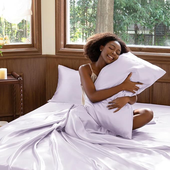 CozyLux Satin Sheets King Size Sheet Set - 4 Piece Silky King Sheets, Luxury Taro Purple King Bed Set with Smooth and Soft Microfiber, Includes 1 Fitted Sheet, 1 Flat Sheet and 2 Pillowcases