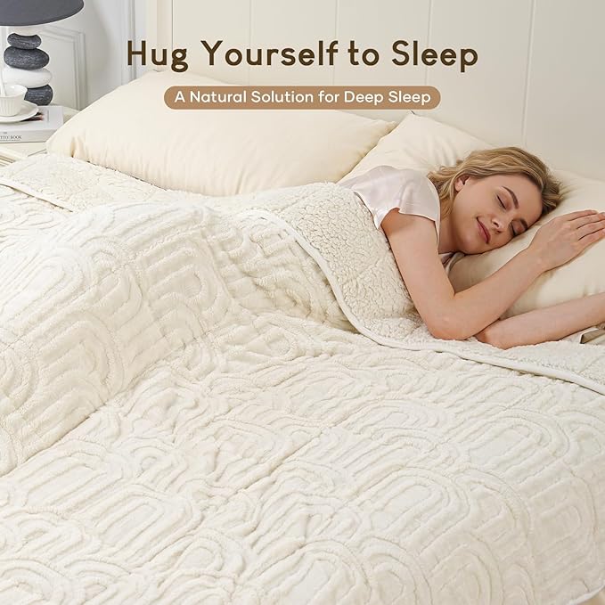 Cottonblue Jacquard Weighted Blanket for Adults 15 lbs Queen Size, Soft Fluffy Sherpa Fleece Weighted Throw Blankets 60" x 80" for Sleep Relax, Fuzzy Warm Arch Heavy Blanket for Bed Couch, Cream White