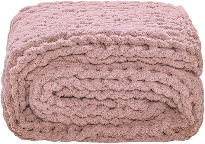 YAAPSU Chunky Knit Throw Blanket for Couch, 51"x63", 100% Hand Knitted Thick Cable Knit with Cozy Jumbo Chenille Yarn, Soft Large Rope Knot Crochet Blankets for Sofa Bed Living Room Décor, Dusty Pink
