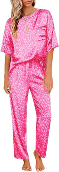 Ekouaer Womens Satin Silky Pajama Set Short Sleeve Shirt with Long Pajama Pant Set Soft PJ Loungewear