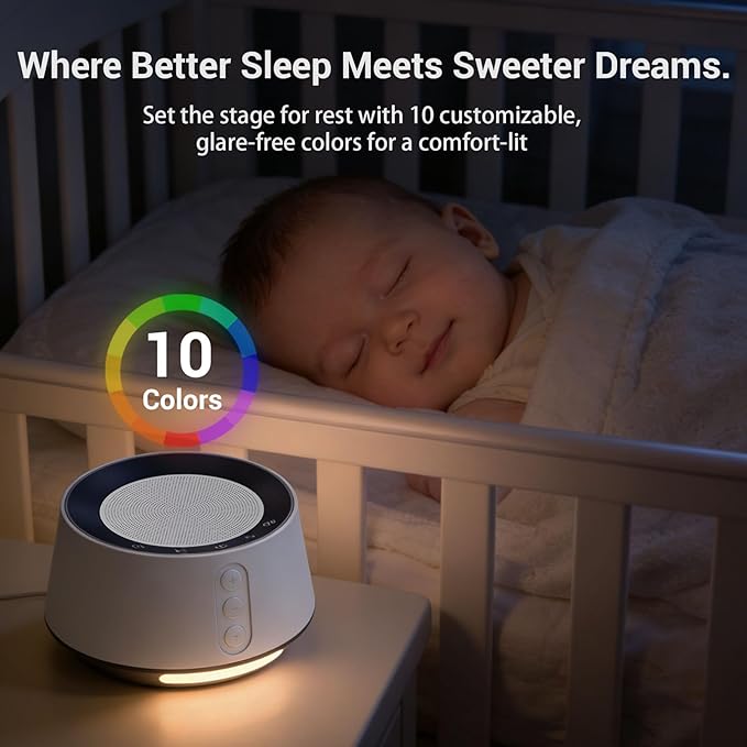 BGOVERSS White Noise Sound Machine with 20 Soothing Sounds, 10 Colors Night Light Sleep Machines Home Office Travel, 5 Timers and Memory Feature Sound Machine for Nursery Baby Kids Adults (Black)