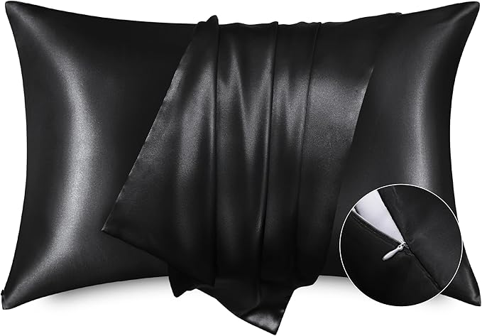 Bedsure Satin Pillowcase with Zipper, Similar to Silk Pillow Cases 2 Pack, Silky & Soft Satin Pillow Cases Standard Size for Hair and Skin, Black Pillow Covers, Gifts for Women Men, 20x26 Inches