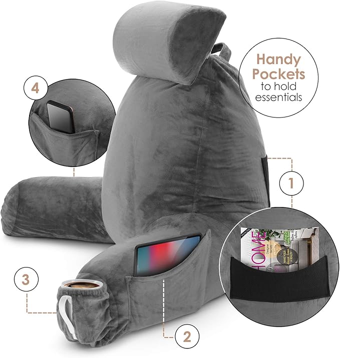 Clara Clark Reading Pillow with Shredded Memory Foam Includes 2 Neck and Lumber Support Pillows, Designed for Sitting Up in Bed and Couch, Back and Arms Adjustable Support for Adults & Teens, Grey