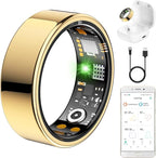 Ring Health Tracker for Women Men, Fitness Ring with Heart Rate, Blood Oxygen, Sleep Monitor, Calories, Step Counter, IP68 Waterproof Smart Ring for iPhone & Android, No Subscription Fee (Gold, 10#)