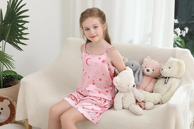 Weixinbuy Girls Pajamas Silk PJS Set Sleeveless Pajama Tank Elastic Waist Shorts Sleepwear Kids Summer Nightwear Clothes Set