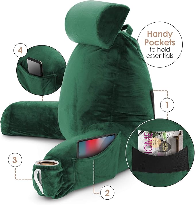 Clara Clark Reading Pillow with Shredded Memory Foam Includes 2 Neck and Lumber Support Pillows, Designed for Sitting Up in Bed and Couch Back and Arms Adjustable Support for Adults & Teens Dark Green