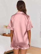 Ekouaer Satin Pajama Set for Women Button Down Silk 2 Piece Pj Sets Ruffle Short Sleeve Sleepwear
