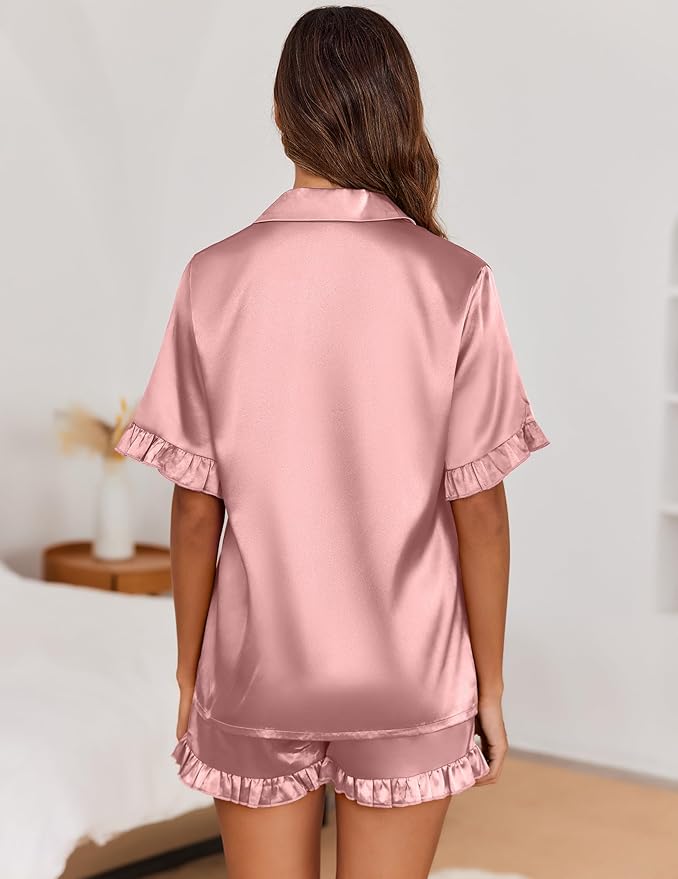 Ekouaer Satin Pajama Set for Women Button Down Silk 2 Piece Pj Sets Ruffle Short Sleeve Sleepwear