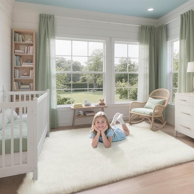 Shag Cream Rug 5x7 Area Rugs for Bedroom Living Room - Non Slip Ultra Soft Large Fluffy Fuzzy Shag Plush Shaggy Furry Rug for Dorm Kids Room Nursery Playroom, Home Office Modern Carpet Decor