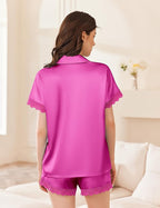 Ekouaer Womens Lace Satin Pajama Set Button Down Pj Shorts Set Bridesmaids Getting Ready Outfits Casual Sleepwear XS-XXL