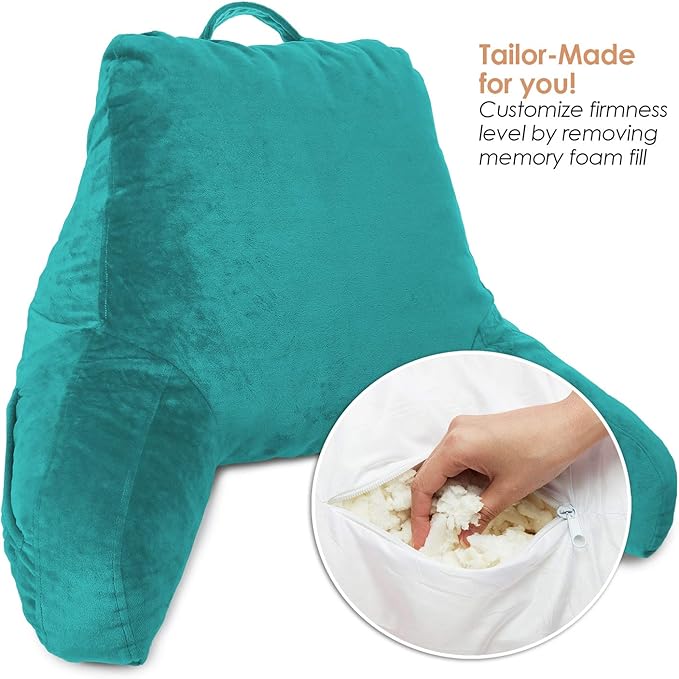 Clara Clark Reading Pillow with Shredded Memory Foam for Sitting Up in Bed and Couch, Back and Arms Adjustable Support for Adults & Teens Backrest Pillows for Reading, with Washable Cover Teal