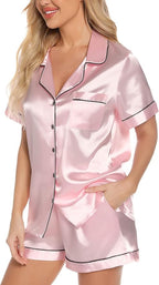 Samring Women's Silk Satin Pajamas Set Short Sleeve Sleepwear Two Piece Button Down Pj Set with Pockets S-XXL