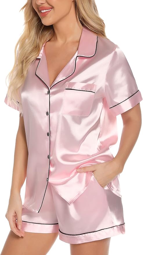 Samring Women's Silk Satin Pajamas Set Short Sleeve Sleepwear Two Piece Button Down Pj Set with Pockets S-XXL