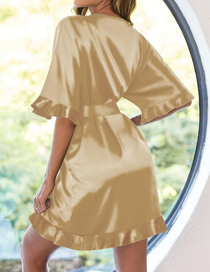 Ekouaer Womens Silk Ruffle Robe Short Satin Kimono Robe Half Sleeve Bathrobe Bridesmaid Wedding Party Dressing Gown