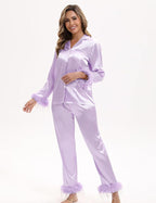 MORFORU Satin Pajama Set for Women Feather Trim Long Sleeve Pjs with Sleep Mask Headband Scrunchie Sleepwear Lounge Set