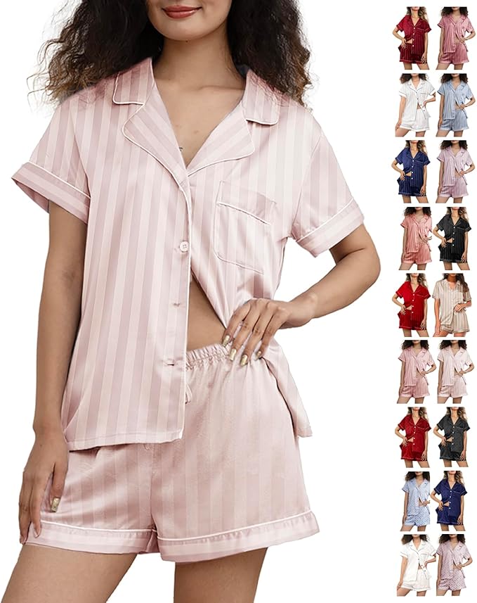 WJing Yi Jia Womens Silk Satin Pajamas Loungewear Two-Piece Sleepwear Button-Down Floral Pj Set XS-4XL